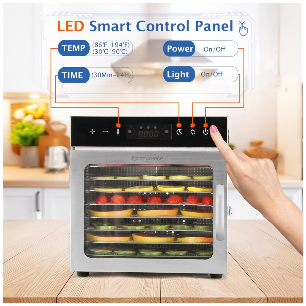 Desidratador de Alimentos Oritouchpop 8 Bandejas de Aço Inoxidável Controle de Temperatura 90°C Temporizador 24H 400W - Imagem 2