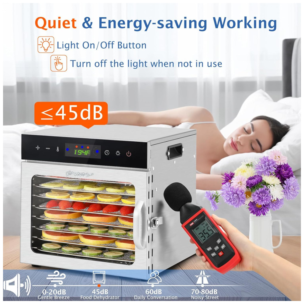 Desidratador de Alimentos Oritouchpop 8 Bandejas de Aço Inoxidável Controle de Temperatura 90°C Temporizador 24H 400W - Imagem 3