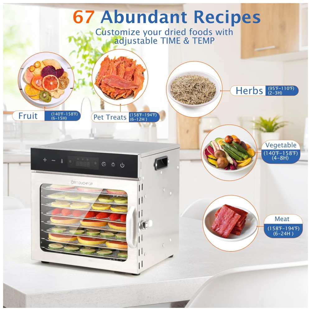 Desidratador de Alimentos Oritouchpop 8 Bandejas de Aço Inoxidável Controle de Temperatura 90°C Temporizador 24H 400W - Imagem 5