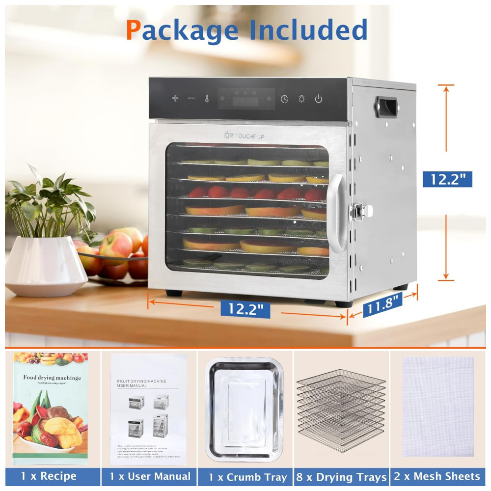Desidratador de Alimentos Oritouchpop 8 Bandejas de Aço Inoxidável Controle de Temperatura 90°C Temporizador 24H 400W - Imagem 7