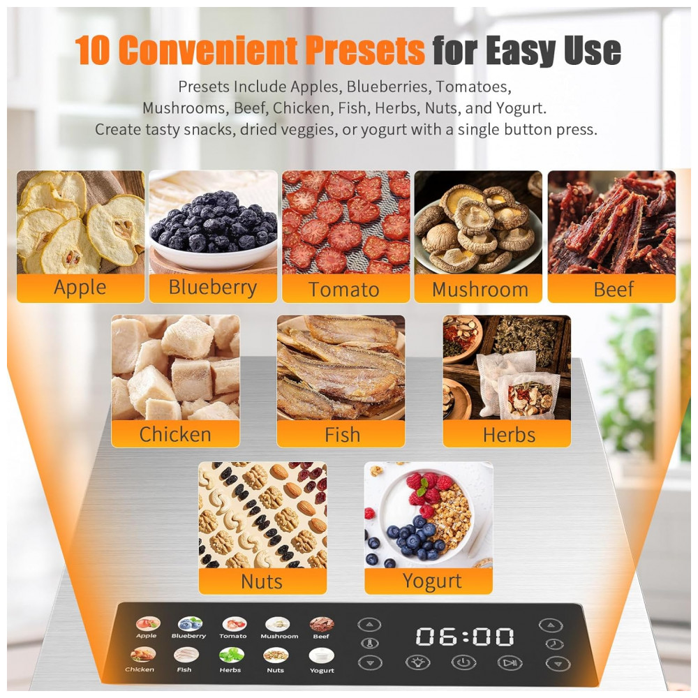 Desidratador de Alimentos 12 Bandejas em Aço Inoxidável, 10 Programas Pré-Definidos com Temporizador de 48H e Controle de Temperatura, 850W,YASHE - Imagem 2
