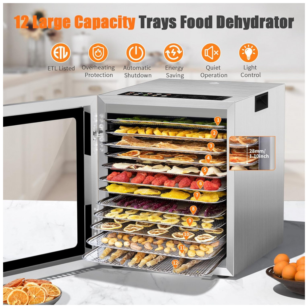 Desidratador de Alimentos 12 Bandejas em Aço Inoxidável, 10 Programas Pré-Definidos com Temporizador de 48H e Controle de Temperatura, 850W,YASHE - Imagem 7