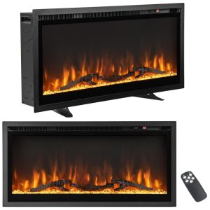 Lareira Elétrica de Embutir A45x91L cm com Controle Remoto Cor e Brilho da Chama Ajustáveis 110V 1500W Tangkula Preta