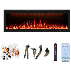 Lareira Elétrica Embutida e de Parede Valuxhome 12192 cm Aquecedor Ultra Fino Efeito de Chama Ajustável Decoração com Cristais e Troncos