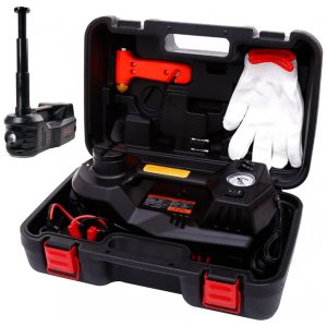 Macaco Elétrico Hidráulico ROGTZ 5 Ton 12V Portátil Elevação até 45 cm com Bomba Infladora de Pneus para Troca de Pneus de Veículos com Luz LED Preto