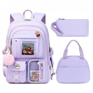 Mochila LXYGD 3 em 1 roxa para notebook até 16" com lancheira e estojo impermeável