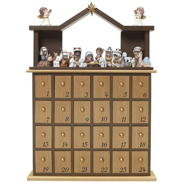 Calendário do Advento da Natividade Precious Moments O Venha Vamos Adorá-Lo 27 Peças, Multicolorido, Marrom, 34,3cm altura x 25,4cm largura x 6,35cm p