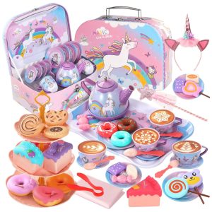 Jogo de Chá Infantil em Lata 55 Peças com Maleta de Transporte Tema de Unicórnio e Flores para Crianças Acima de 3 Anos Quiet Flower Rosa