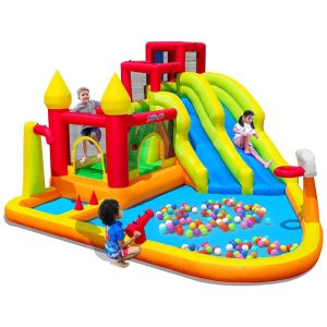 Castelo inflável MIRUNAIR multicolorido com escorregadores duplos piscina de respingos canhão d’água e soprador elétrico integrado