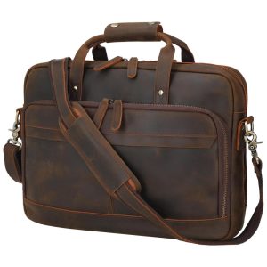 Bolsa Carteiro Masculina de Couro Grão Integral para Laptop com 15 Polegadas Masa Kawa Marrom Profundo