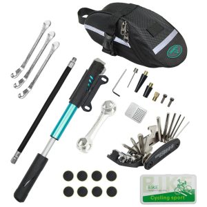 Kit de Reparo Emergencial de Bicicleta com Mini Bomba 120 PSI e Bolsa de Transporte 16 Peças CHUMXINY Preto