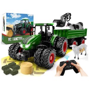 Mini Trator RC Metal 8 Rodas c/ Reboque Luzes - Controle Remoto Carregador Frontal - Brinquedo de Metal com 8 Rodas e Luzes FuncionaisUarzt