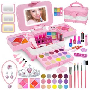 Kit de Maquiagem Infantil com 60 Peças e Espelho Iluminado por LED em 3 Cores para Crianças de 3 a 12 Anos DAUXONE Rosa
