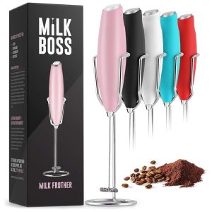 Milk Boss Espumador Elétrico de Leite em Aço Inoxidável a Bateria com Suporte Rosa