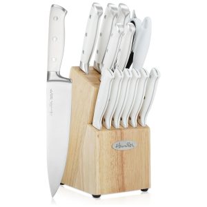 Conjunto de Facas em Aço Inoxidável com Bloco de Bancada e Rebite Triplo Forjado Clássico 14 Peças Harriet Branco