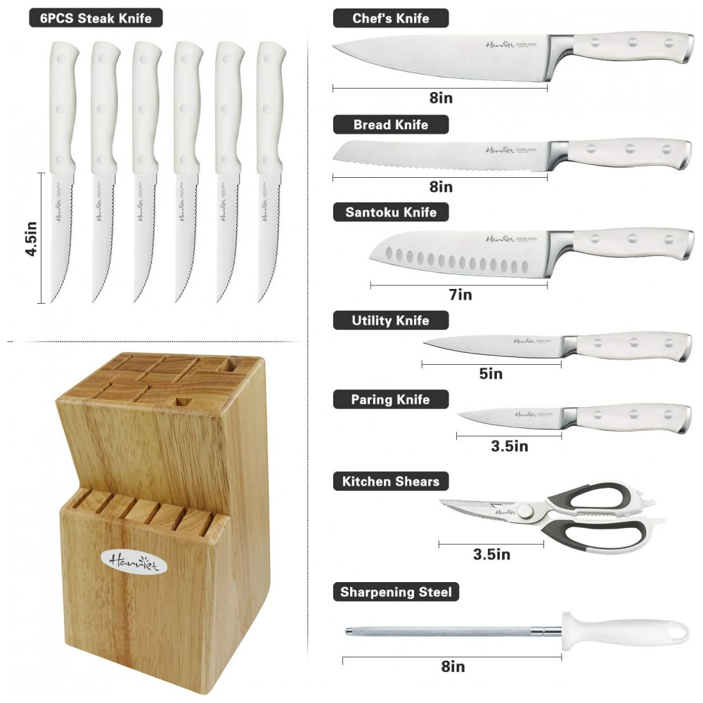 Conjunto de Facas em Aço Inoxidável com Bloco de Bancada e Rebite Triplo Forjado Clássico 14 Peças Harriet Branco - Imagem 2