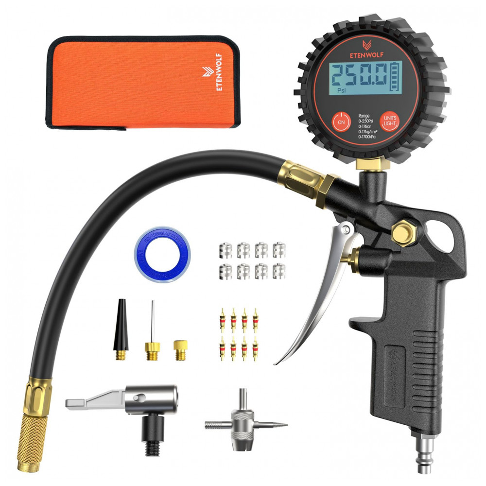Medidor de Pressão Digital para Pneus ETENWOLF T500 com Inflador, Medição de Pressão de Pneus de 0 a 250 PSI, Calibrado para ANSI B40.7 Grau 2A,