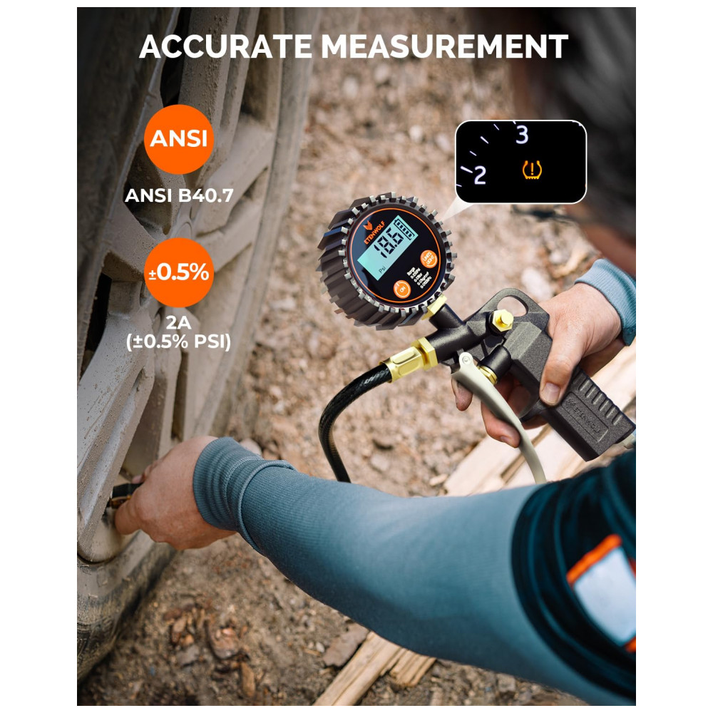 Medidor de Pressão Digital para Pneus ETENWOLF T500 com Inflador, Medição de Pressão de Pneus de 0 a 250 PSI, Calibrado para ANSI B40.7 Grau 2A, - Imagem 2