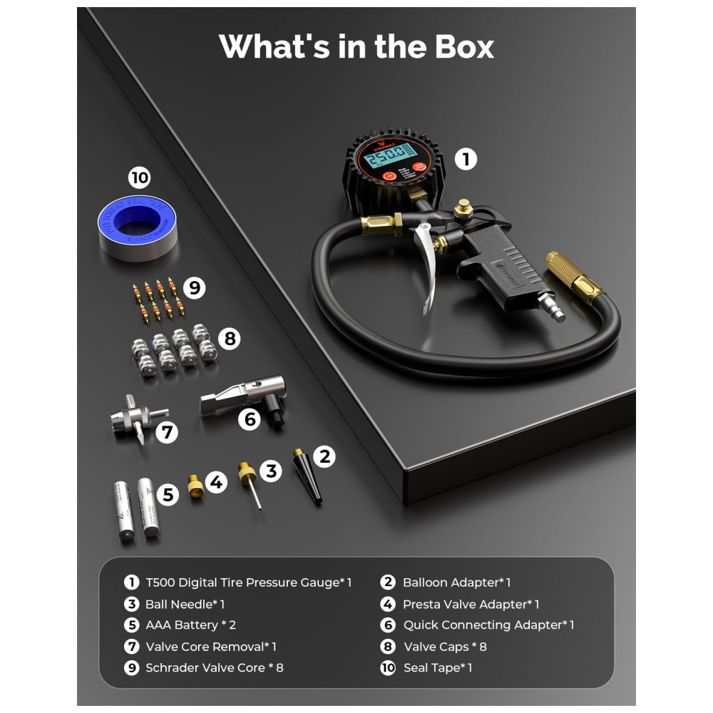 Medidor de Pressão Digital para Pneus ETENWOLF T500 com Inflador, Medição de Pressão de Pneus de 0 a 250 PSI, Calibrado para ANSI B40.7 Grau 2A, - Imagem 6
