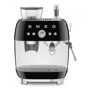 Máquina de espresso semi‑automática Smeg preta retrô com moedor integrado duplo termobloco porta‑filtro 58 mm e reservatório 24L 110V