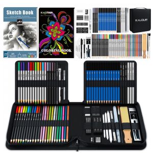Kit de desenho 82 peças KALOUR com lápis grafite cor aquarela metálico pastel sketchbook e estojo nylon preto