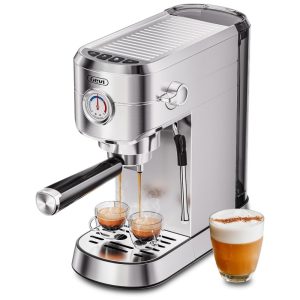 Máquina de Café Expresso Profissional 20 Bar com Espumador de Leite em Aço Inoxidável 110V 1350W Gevi Prata