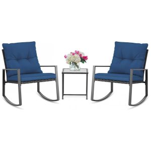 Conjunto de Balanço de Exterior de 3 Peças SUNCROWN em Vime Preto - Cadeiras de Varanda com Mesa de Centro de Vidro para Conversas Azul Escuro