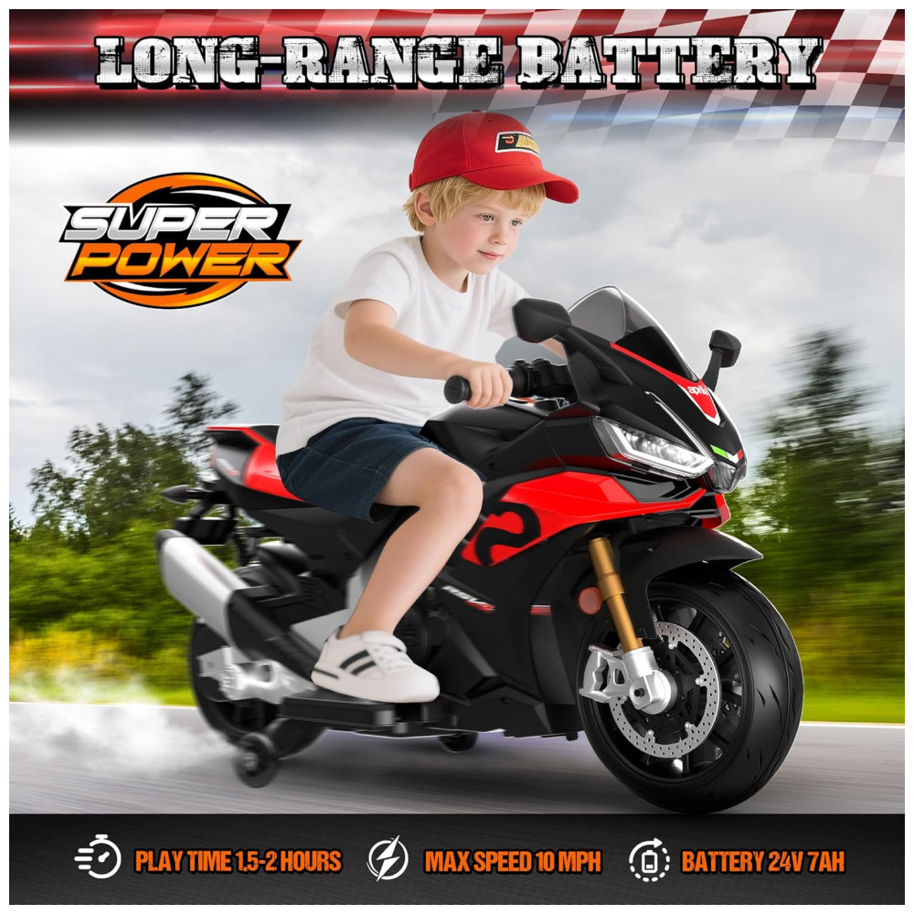 Moto Elétrica Infantil Letsgoride Aprilia RSV4 24V Vermelha e Preta com Rodinhas de Treinamento Farol Música e USB 200W - Imagem 3