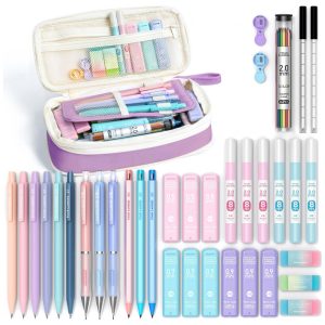 Conjunto 36 peças Four Candies roxo com estojo e lapiseiras 05 mm 07 mm 09 mm e 20 mm para escrita e desenho