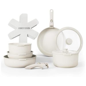 Jogo de Panelas e Frigideiras Material em Alumínio com 16 Peças e Cabo Removível Country Kitchen Creme