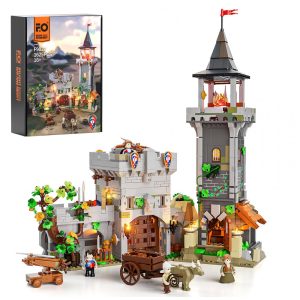 Miniatura Castelo Medieval FUNWHOLE Torre de Vigia + Luzes + 1625 Peças + Figuras + Porta Móvel - Modelo F9027 110V