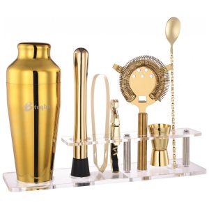 Kit Bartender Profissional 7 Peças em Aço Inoxidável com Suporte de Acrílico Btuqbu Dourado