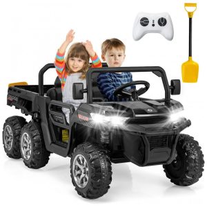 Caminhão Basculante Elétrico Infantil OLAKIDS Preto 24V 2 Lugares 4WD 6x6 Caçamba Elétrica Suspensão Controle Remoto 4x90W