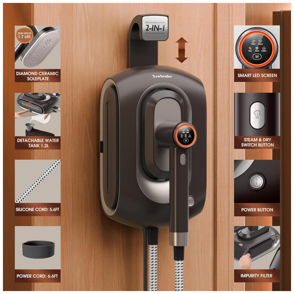 Steamer, Passadeira e Vaporizador Newbealer 2 em 1 Pro Steam Station, 1550W, 3 Níveis de Vapor Turbo e 3 Modos de Calor Seco para Roupas, - Imagem 4