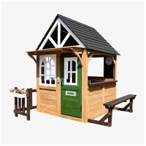 Casa de Madeira de Cedro para Crianças com Balcão de Cozinha e Campainha Ideal para Brincadeiras ao Ar Livre a partir de 3 anos.BTMWAY