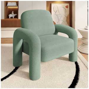 Poltrona Dewhut em tecido sherpa verde cadeira decorativa estofada com braços curvos tipo tromba de elefante