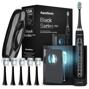 Escova Dental Elétrica Aquasonic Black Series PRO Preta UV 5 Modos Timer Inteligente 6 Refis Base Sanitizante Estojo Recarregável