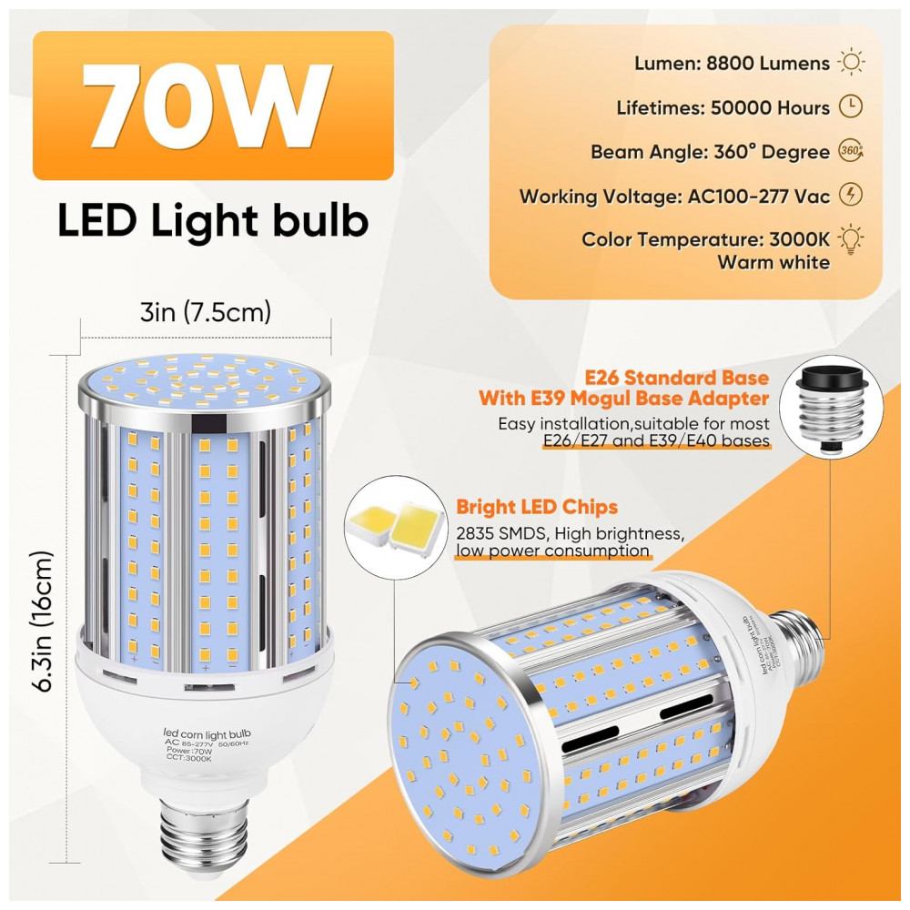 Pacote com 6 Lâmpadas de Milho LED de 70W, Equivalente a 700W, Base E26/E39 Média/Grande, Lâmpada LED COB Branca Quente 3000K com 8.800LM,XYCN - Imagem 3
