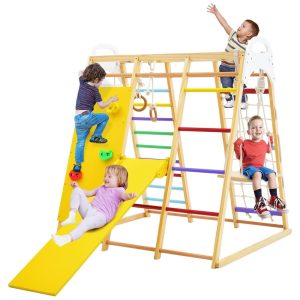 Playground GLACER 8-em-1 Infantil: Escorregador Balanço Barra de Macaco Escada de Corda Parede de Escalada Rede Argolas Ginásticas.
