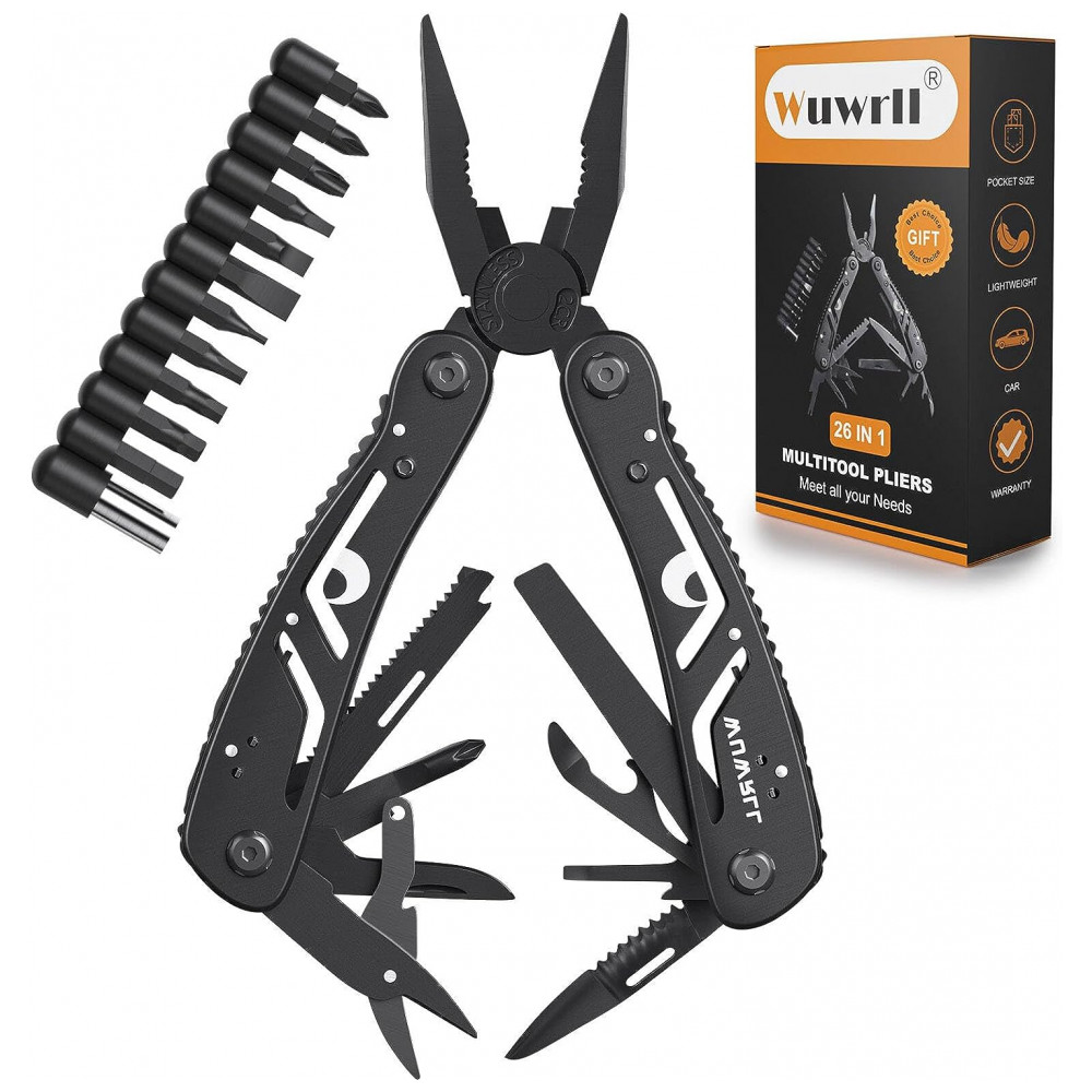 Alicate Multifuncional 26 em 1 Aço Inoxidável com Conjunto de 11 Bits Wuwrll Preto