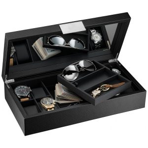 Caixa Estojo de Fibra de Carbono para Relógios com 14 Compartimentos Glenor Co Preto