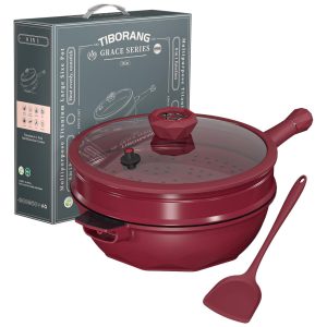 Panela Funda Antiaderente com Indicador de Calor Tampa de Vidro Cabo Frio Grelha a Vapor Livre de PFOASegura para Lava-louçasTIBORANG Vermelho