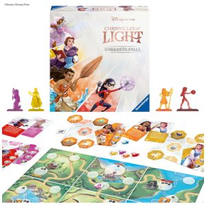 Jogo de tabuleiro Ravensburger Chronicles of Light Darkness Falls Disney cooperativo 1a 4 jogadores família modular cartas componentes colorido