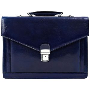 Bolsa Carteiro Masculina de Couro Artesanal Italiano para Laptop com 15 Polegadas e Fecho em Zíper Time Resistance Azul