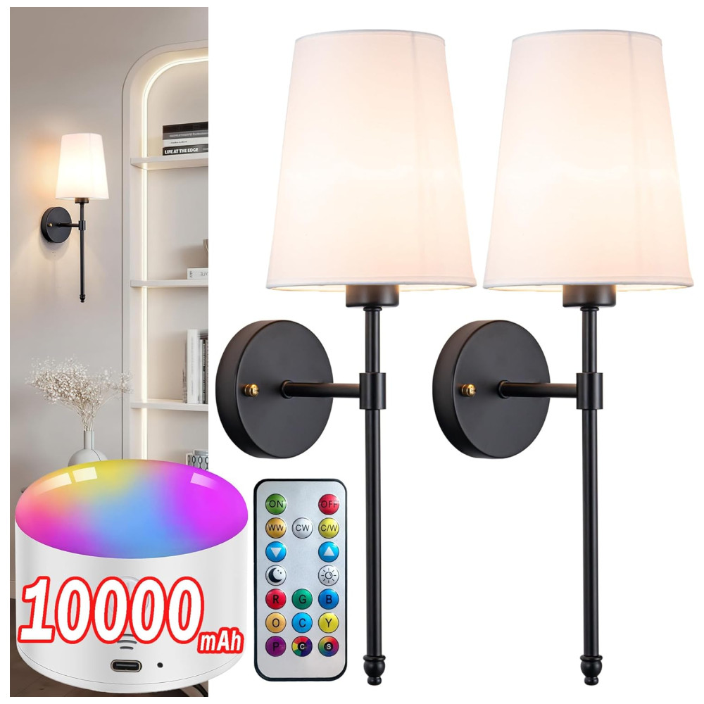 Conjunto de Luminária de Parede Elegância e Qualidade em sua Casa com 2 Peças Estilo Moderno Controle Remoto e Abajur de Tecido Branco YHCDLAMP Preta