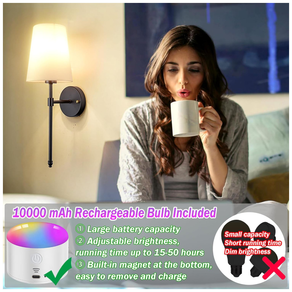 Conjunto de Luminária de Parede Elegância e Qualidade em sua Casa com 2 Peças Estilo Moderno Controle Remoto e Abajur de Tecido Branco YHCDLAMP Preta - Imagem 3