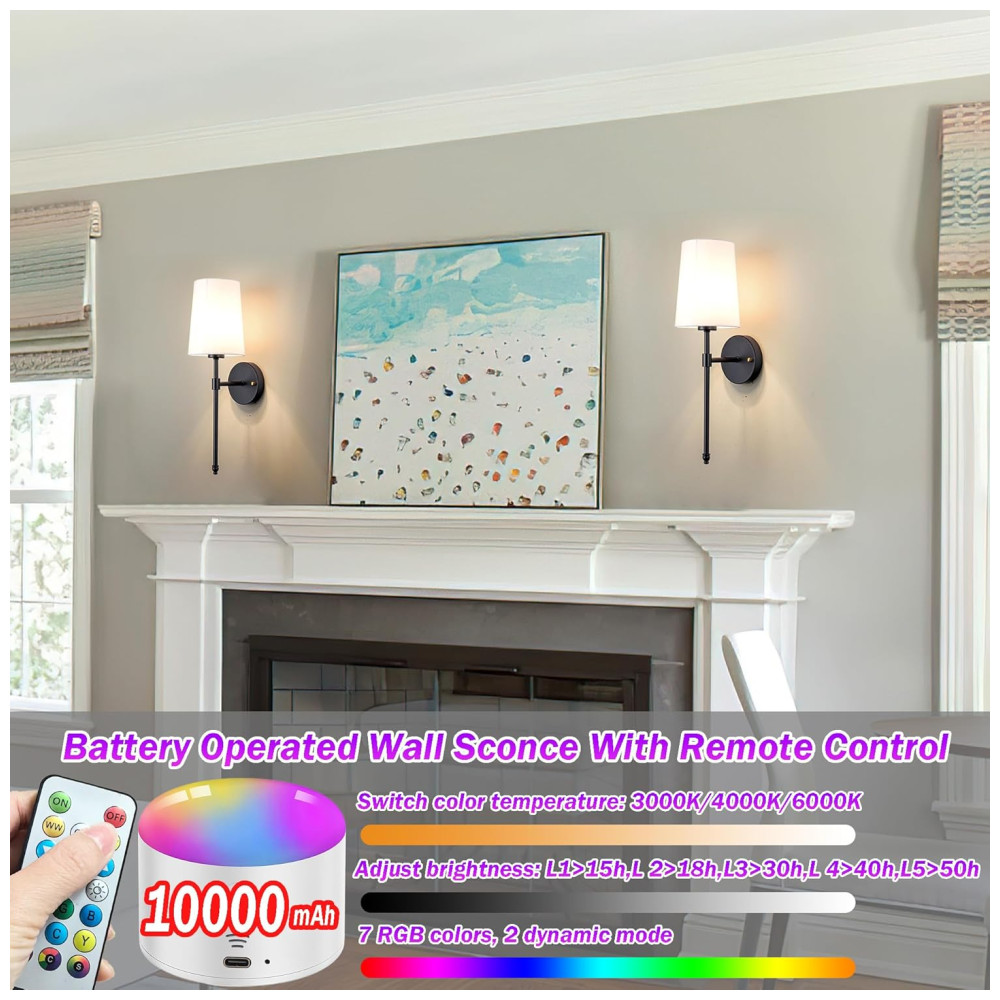 Conjunto de Luminária de Parede Elegância e Qualidade em sua Casa com 2 Peças Estilo Moderno Controle Remoto e Abajur de Tecido Branco YHCDLAMP Preta - Imagem 7