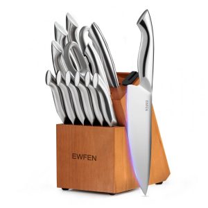 Conjunto de Facas de Cozinha EWFEN 14 Peças Prata com Cabo Curvo e Afiador Integrado