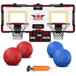 Cesta de Basquete Dupla Interna para 2 Jogadores com Placar Eletrônico 4 Bolas e Bomba de Ar Incluída VATOS Preta e Vermelho