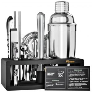 Kit Bartender Profissional 15 Peças em Aço Inoxidável com Suporte MixMate Prata